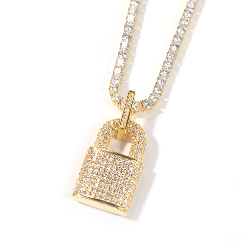 Collana con ciondolo a forma di lucchetto in zircone hip hop, design geometrico, catena a strati in zirconi cubici, pezzo importante per abbigliamento casual._voghion.com