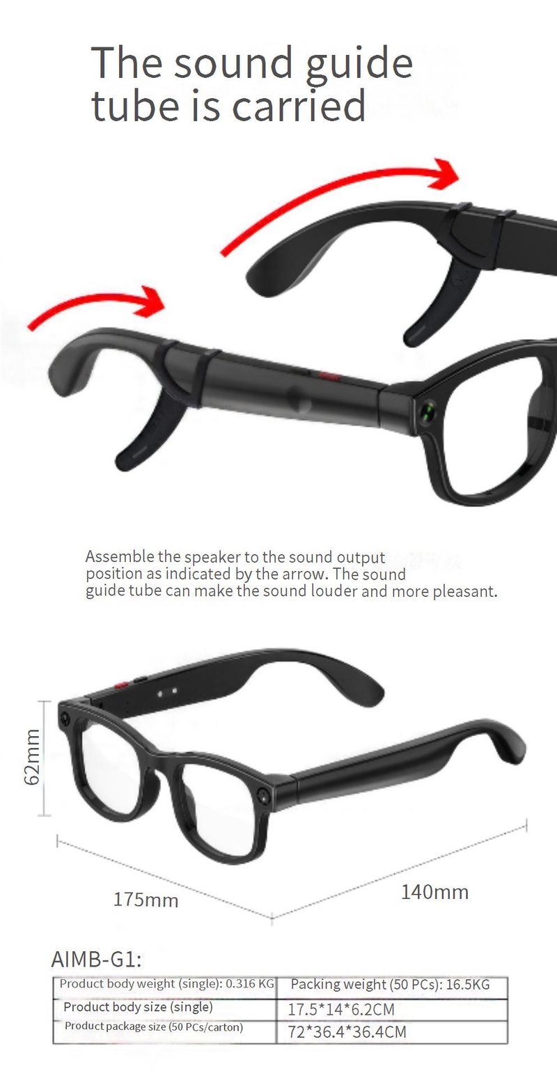 Gafas inteligentes AIMB-G1 con cámara de 800 MP, llamadas Bluetooth, traducción por IA, video 1080P, grabación de voz y kit multilente._voghion.com