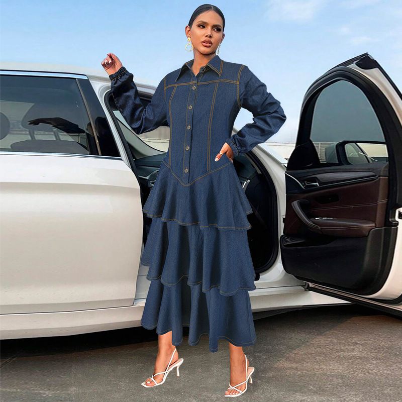 Women’s Denim Tiered Dress – Long Sleeve Lapel Collar Maxi Dress (Dark Blue, S-2XL)_voghion.com
