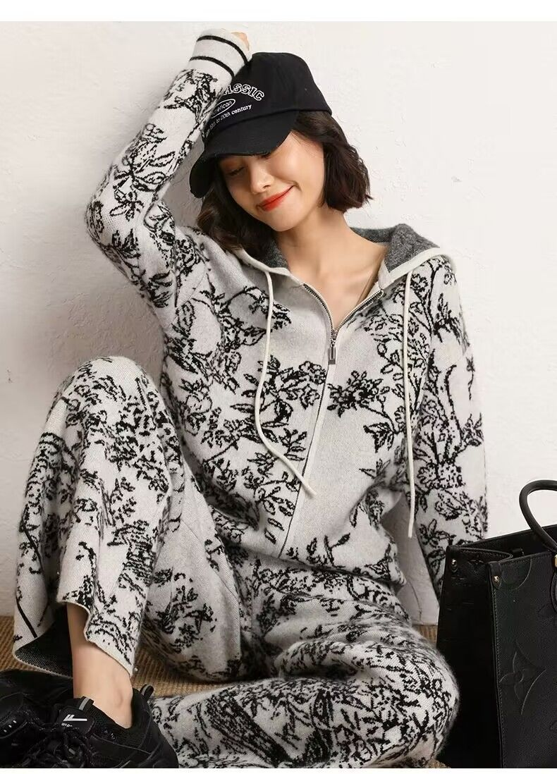 Kadınlar için kadın moda örme takım elbise kapüşonlu kazak geniş bacak pantolon iki parçalı set modaya uygun_voghion.com