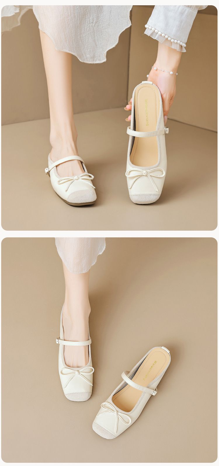 French Square Head Single Shoes Women's One-pedal Bow Thick Sole Inner Height Increase Shallow Mouth Grandma Shoes_voghion.com