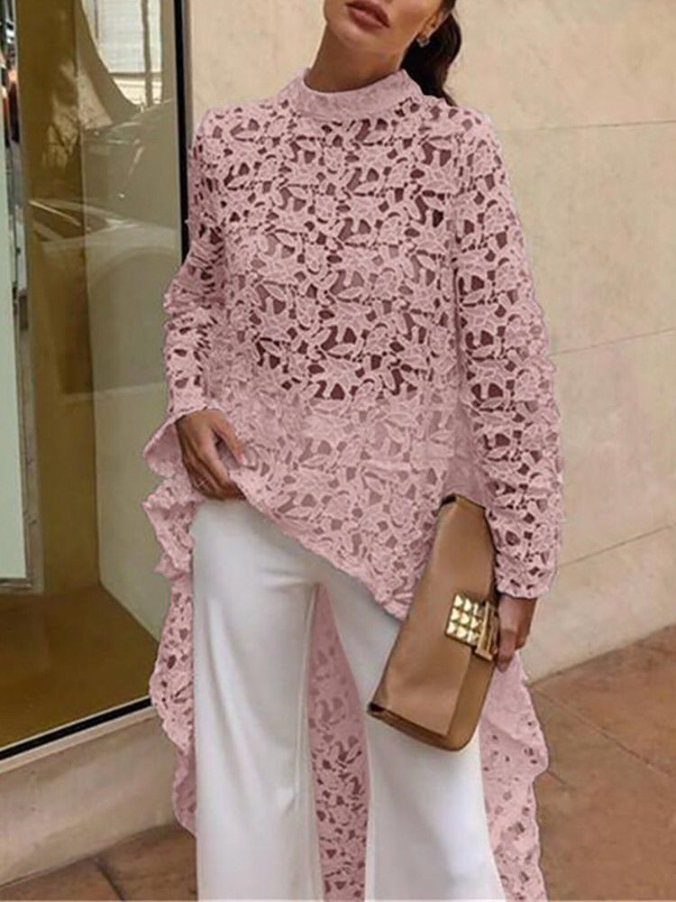 Top primaverili con fiori all'uncinetto idrosolubili in tinta unita da donna, corti davanti e lunghi dietro_voghion.com