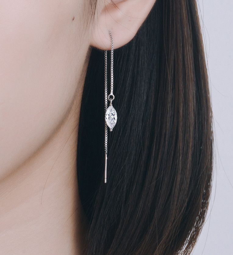 925 Sterling Silver Plated Waterdrop CZ Threader Dangle Drop Chain Earrings TH2_voghion.com