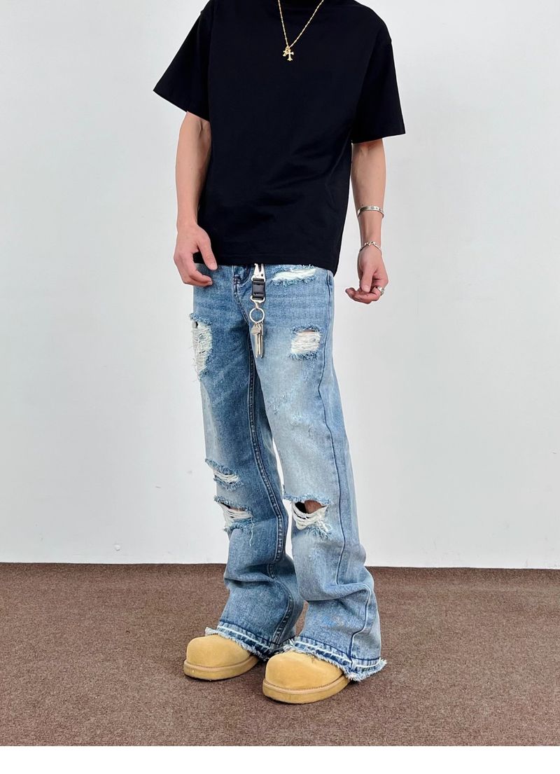 Herren-Street-Washed-Ripped-Flared-Jeans mit Quastendekor – High Street Cleanfit Straight Drape Trousers_voghion.com