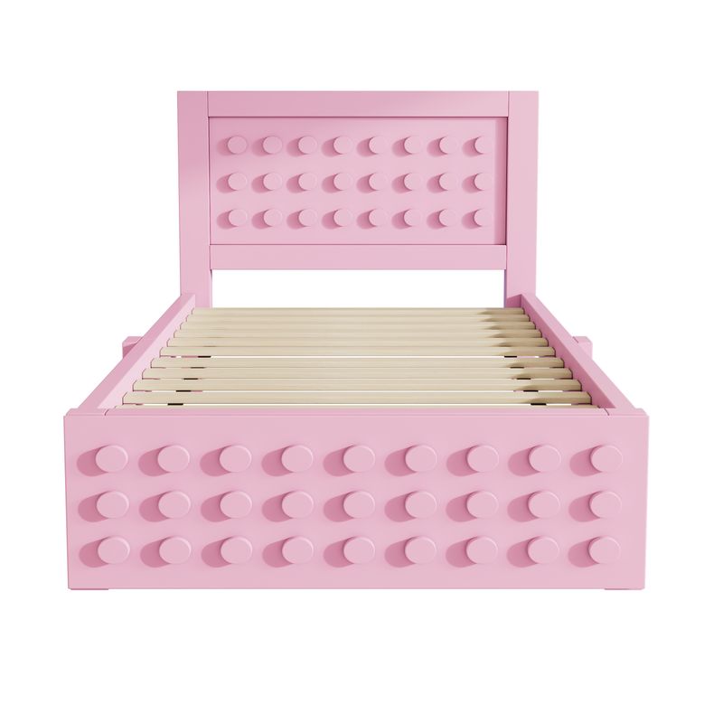 Holzbett 90x190cm Mit Blockdesign, Massivholz, Schubladen, Stauraum, Rosa_voghion.com