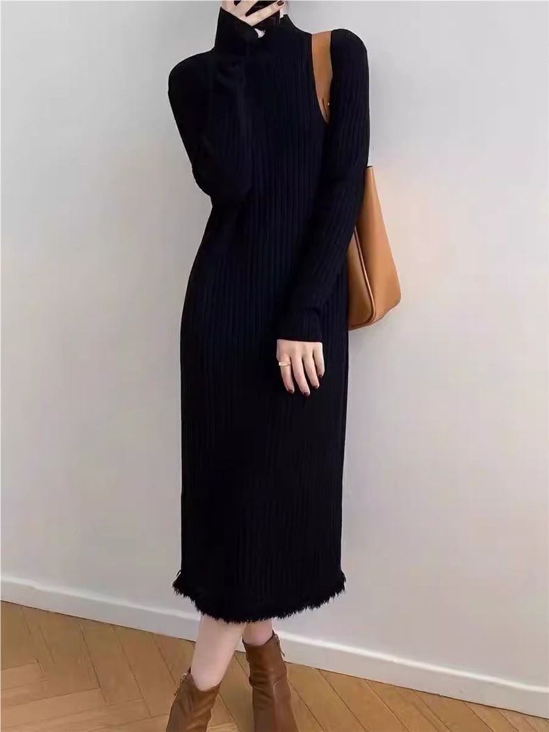 Damenpulloverkleid mit Fransen, langärmlig, über dem Knie, gestrickt, mittellang, lockere Wollunterschicht_voghion.com