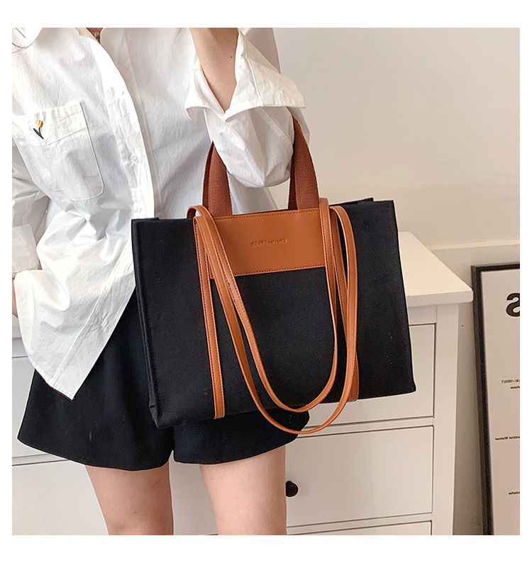 Borse tote da donna, semplici borse tote da donna con colori di tela a contrasto e tracolla singola di grande capacità._voghion.com