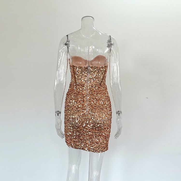 Frühlingsneues sexy glitzerndes trägerloses Korsett-Bodycon-Kleid – Satin-Minikleid mit hoher Taille für Frauen_voghion.com