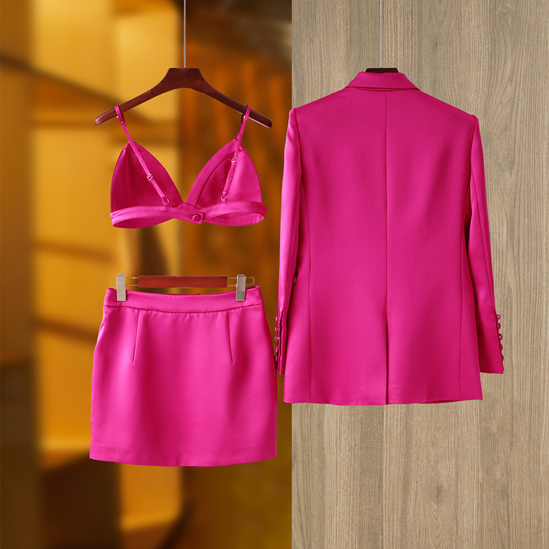 Feminino high-end francês retro primavera e verão estilo cetim brilhante nicho design terno jaqueta colete saia curta conjunto de três peças_voghion.com