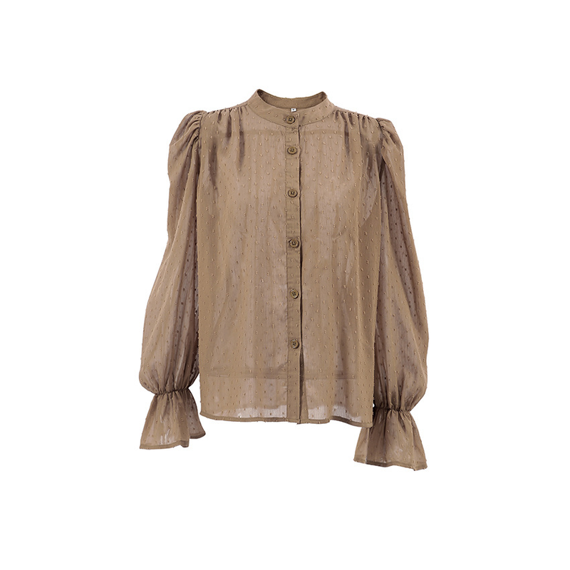 Camicia da donna in chiffon jacquard moda temperamento francese, nicchia femminile, camicetta con maniche a sbuffo e volant allentato_voghion.com
