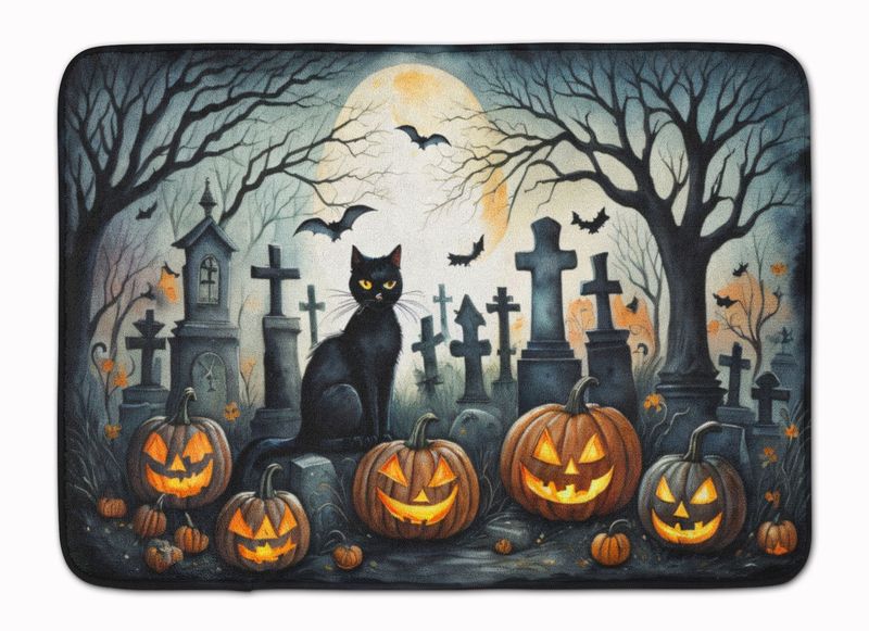 Black Cat Spooky Halloween Memory Foam Kitchen Mat Machine Washable Anti-Fatigue Mat Cushion Comfort Bath Mat Or Kitchen Rug_voghion.com