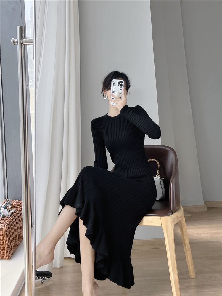 Abito in maglia a coda di pesce K da donna sopra il ginocchio, lunghezza midi, strato base aderente invernale con cappotto._voghion.com