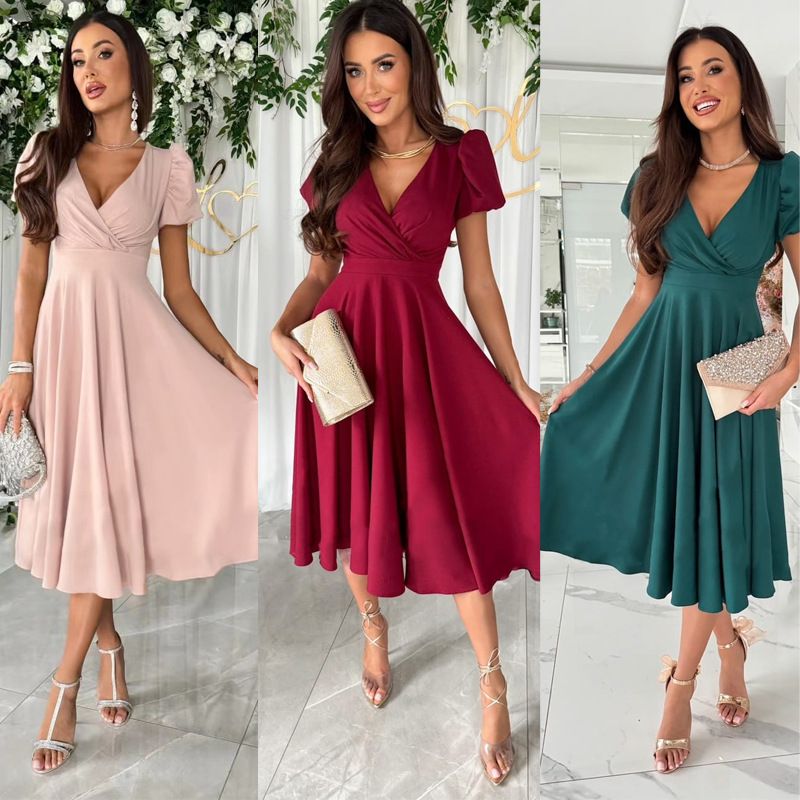 Rochie de damă nouă pentru navetiști, culoare solidă, cu decolteu în V, talie înaltă, mâneci bufante, lungă și scurtă, model leagăn_voghion.com