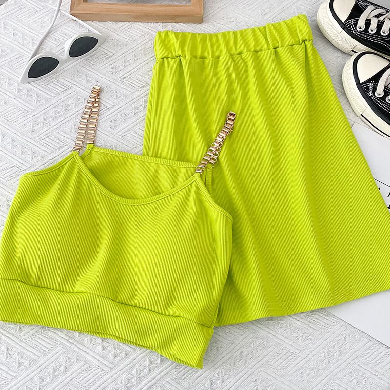 Set due pezzi con canotta corta a catena sexy da donna, gonna aderente a vita alta e gonna a vita alta_voghion.com