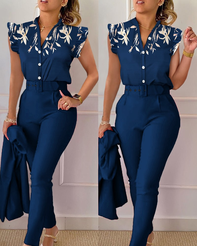 Women's Pant Set 2025 Summer Fashion Geometric Print Ruffle Sleeve Top And Pants Set With Belt Elegant Office Suit_voghion.com