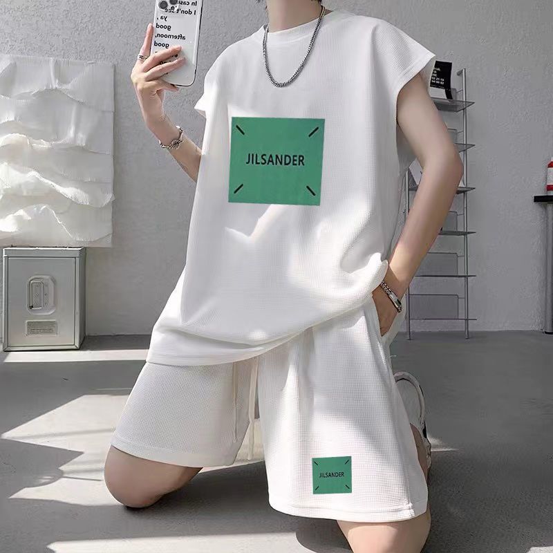 Summer new plus size men's sports suit Waffle trendy sleeveless vest t-shirt versatile casual two-piece set 12_voghion.com