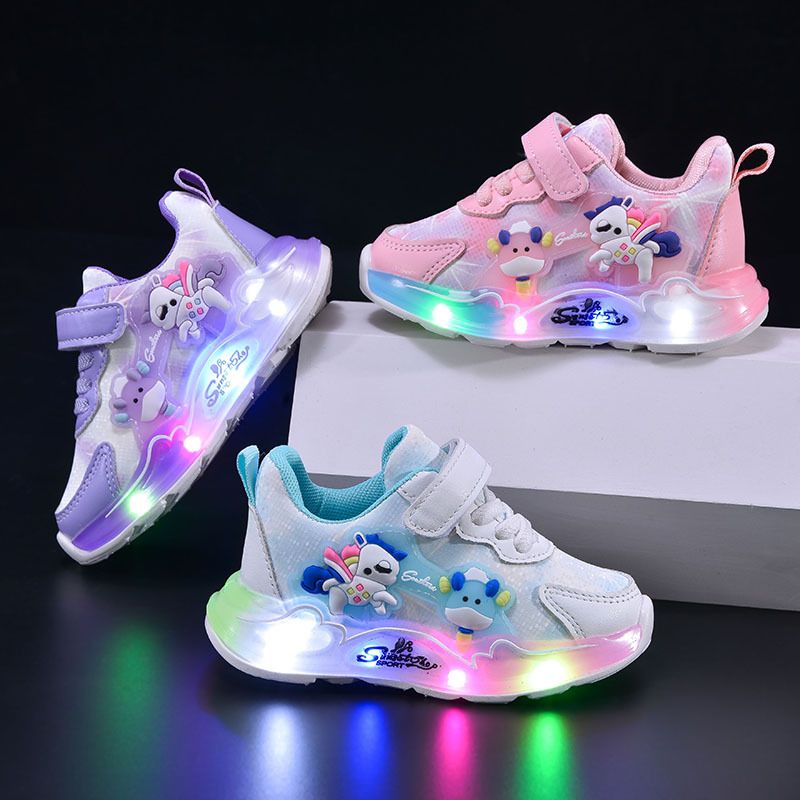 Mädchen 2025 Neuer Cartoon-Stil mit Lichtern, lässige Sportschuhe mit weicher Sohle für Kinder, LED-beleuchtete Klettschuhe_voghion.com