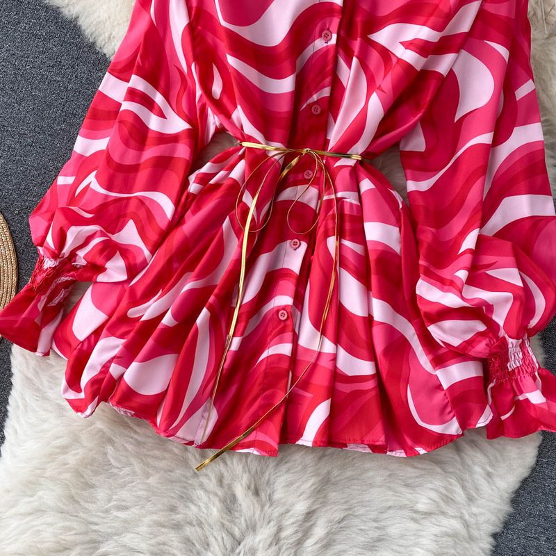 Women's Clothing Spring and Autumn Fashion Tie-Dye Printed Loose Shirt Women's Niche Design Temperament Stand-up Collar Lantern Sleeve Top_voghion.com