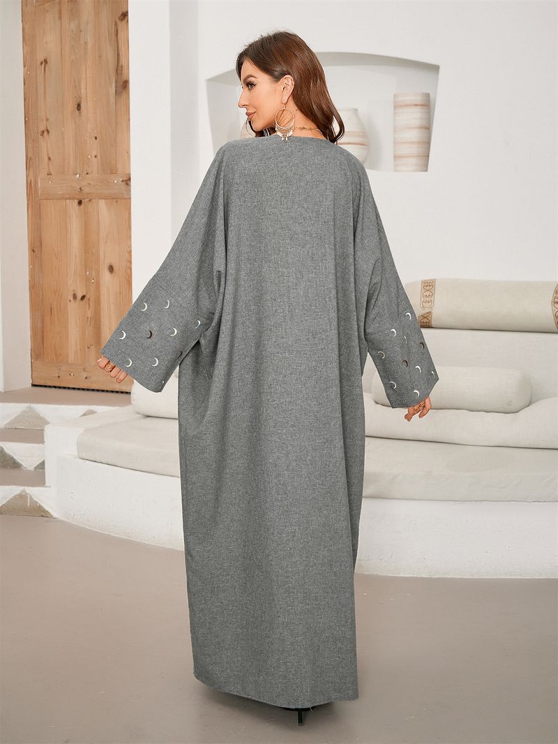 Women's Clothing Elegant Long Sleeve Batwing Bouffant Midi Dress With Embroidered Moon Open Cardigan Style Polyester Long Robe For Muslim Women_voghion.com