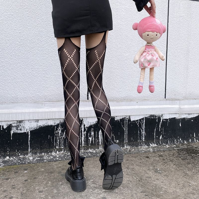 Calze autoreggenti JK Internet Celebrity Black Silk Diamond Summer Sottili Calze lunghe sopra il ginocchio in stile retrò giapponese scuro per le donne_voghion.com