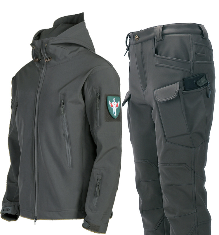 Terno de jaqueta ao ar livre masculino inverno quente mais veludo macio casca roupas calças pesca esqui montanhismo roupas à prova de frio jaqueta de lã_voghion.com