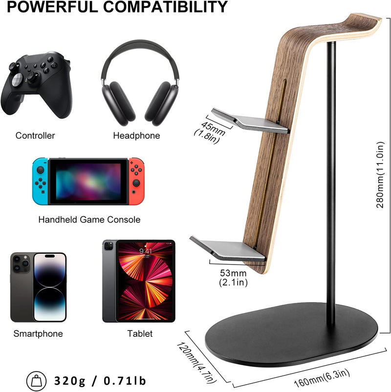 Controller- und Headset-Halter, Gaming-Controller und Kopfhörerständer aus Aluminium und Holz, universelles Schreibtisch-Spielzubehör_voghion.com