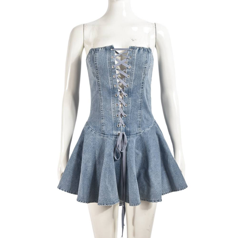 Abito da donna in denim elasticizzato con cerniera, top a tubino con lacci, spalline trasparenti sexy, gonna corta con volant_voghion.com