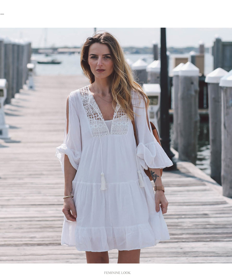 Traje de baño para mujer, pareo playero holgado de algodón puro con flores y crochet, tipo bikini, con protección solar, color blanco, talla única._voghion.com