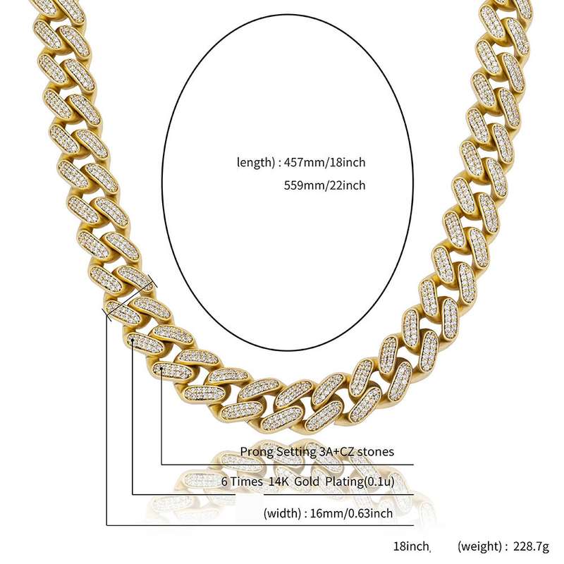 Jewelry & Accessories 16mm Spring Clasp Cuban Link Chain With 3D Hip Hop Design - Full CZ Stones, Unisex Fashion Jewelry (Multiple Colors & Lengths)_voghion.com