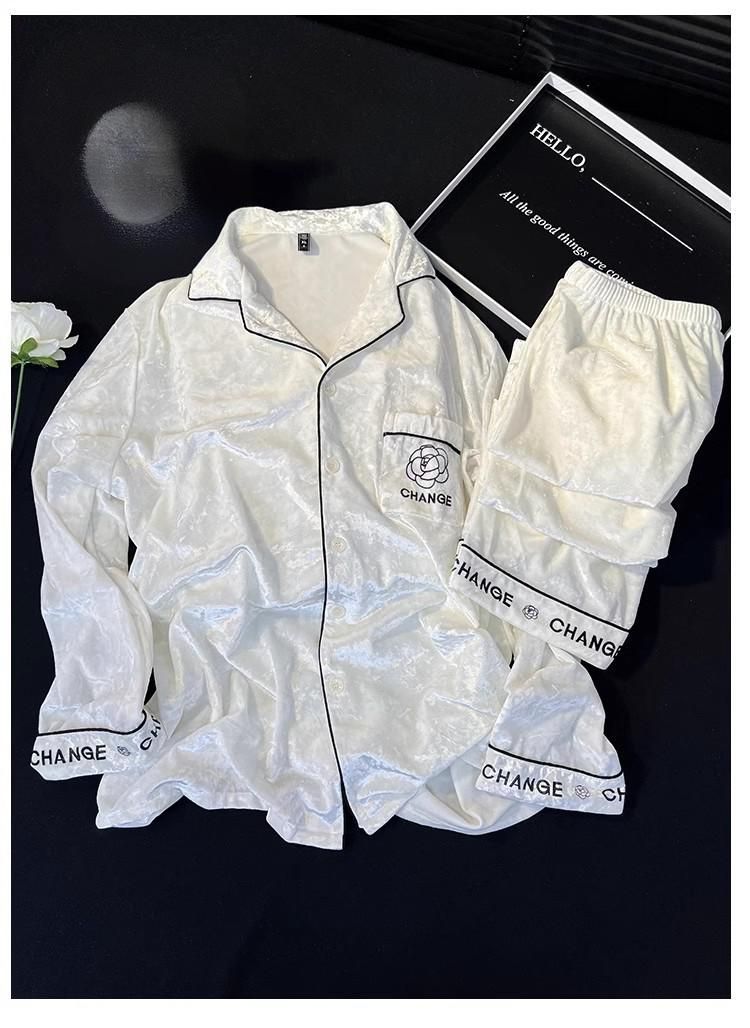 Intimo e pigiami in velluto spesso e caldo, set pigiama invernale con ricamo di camelie, pigiama di lusso spesso per la casa e le occasioni speciali_voghion.com