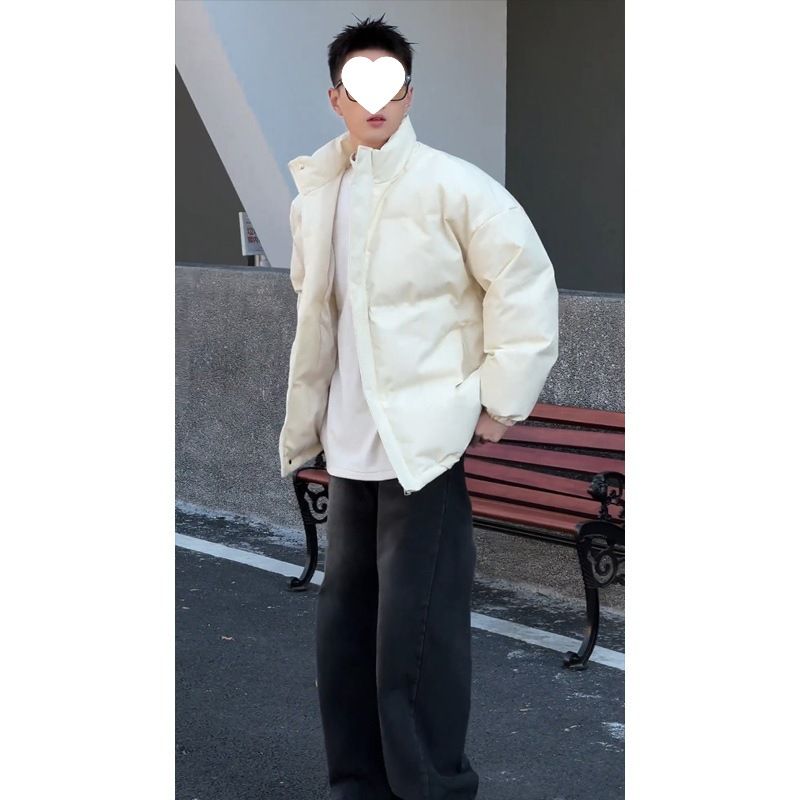 Men's Olive Green Stand Collar Thickened Windproof Warm Casual Puffer Jacket With Hood, Lightweight Down Coat Machine Washable, 550 Fill Power_voghion.com