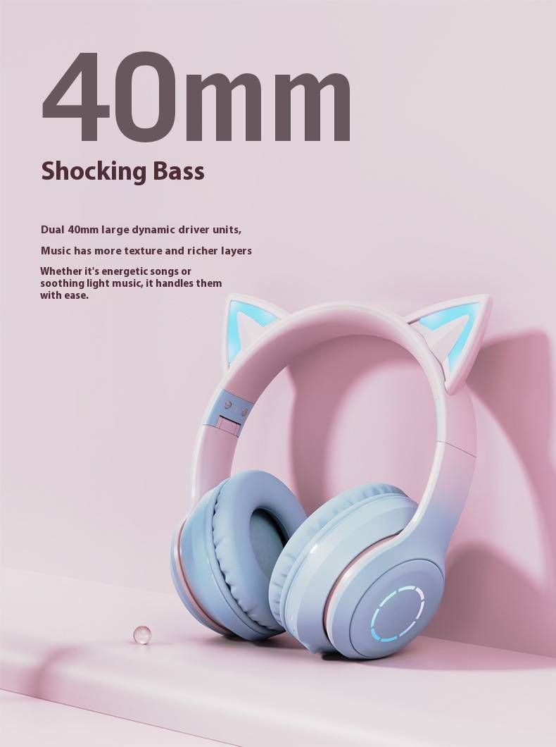 Casque de jeu sans fil à LED avec microphone, casque Bluetooth à dégradé de couleurs, oreilles lumineuses, haut-parleurs de 40 mm_voghion.com