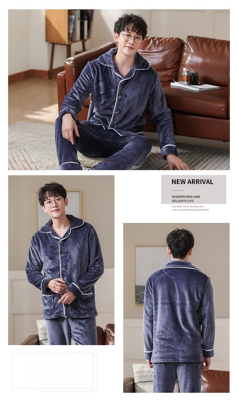 Autumn And Winter Thickened Flannel Pajamas Men's Youth Cardigan Long-sleeved Fleece Warm Coral Fleece Men's Suit Large Size_voghion.com