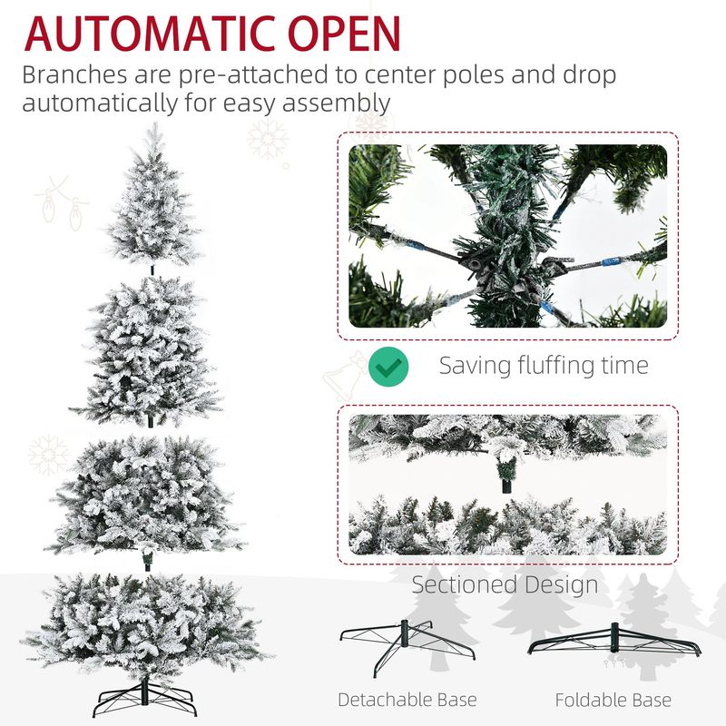 9 Ft Pine Snow Flocked Artificial Christmas Tree With 616 Realistic Cedar Branches, Auto Open, Home Holiday Decoration, Green_voghion.com