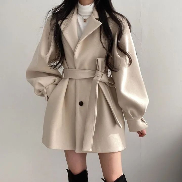 Women's Chic Oversized Wool Coat With Notched Lapel - Mid-Length Trench Coat For Petite & Tall - Fall Winter Fashion Blazer Jacket In Black & Beige_voghion.com