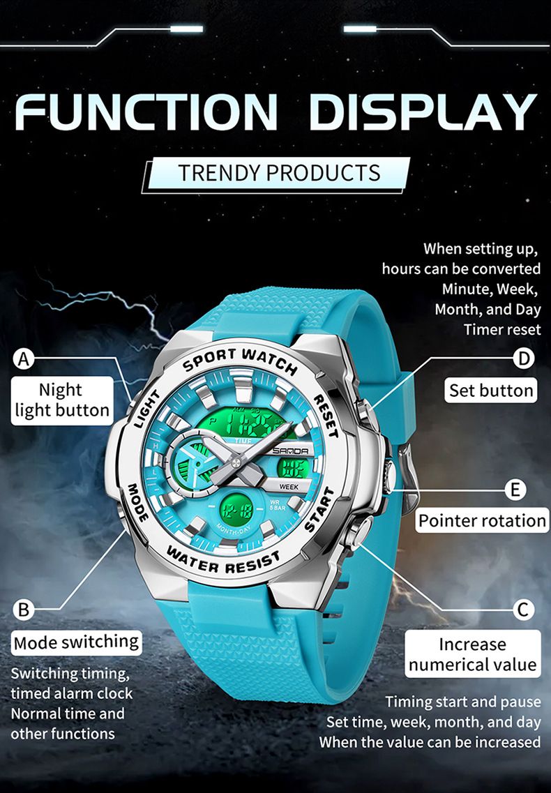 Montre analogique numérique multifonction, étanche, affichage lumineux, alarme et chronomètre pour étudiants et adolescents. Montre de sport lumineuse avec réveil._voghion.com