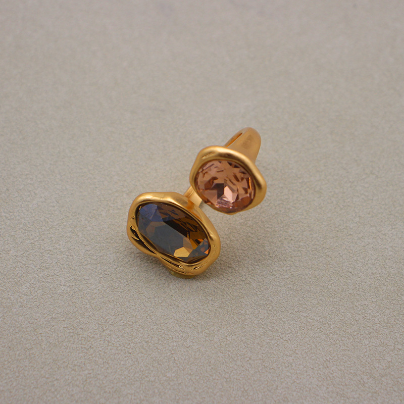 Medieval rhinestone plain ring with adjustable opening and large gemstone inlaid hand ornaments with aged real gold plating_voghion.com