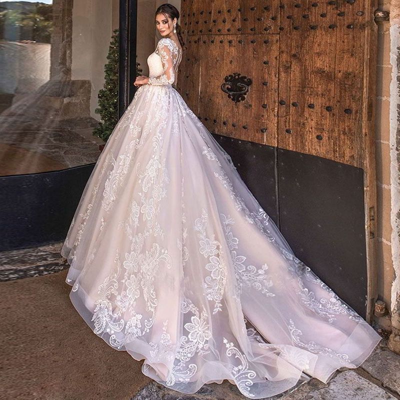 Elegant Long-Sleeve Lace Wedding Dress With Train – Romantic A-Line Bridal Gown For Bride_voghion.com