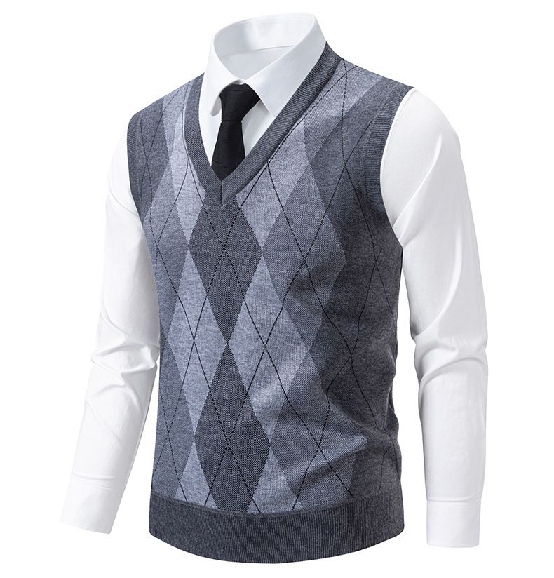 Herrenbekleidung, V-Ausschnitt, Jacquard, Slim Fit, V-Ausschnitt, Jacquard-Strickpullover für Herren – leichtes, ärmelloses Pullover-Oberteil (Grau, Marineblau, Weinrot)_voghion.com