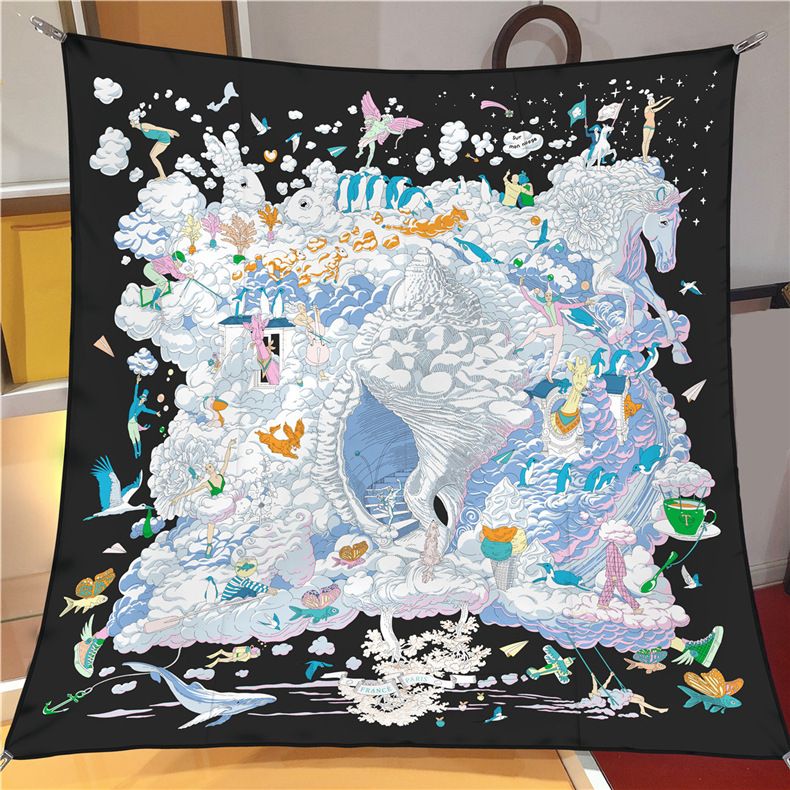 Niedlicher, hochwertiger, frühlingshafter, großer Twill-Bindebeutel, Seidenschal, quadratischer Schal mit Cartoon-Print_voghion.com