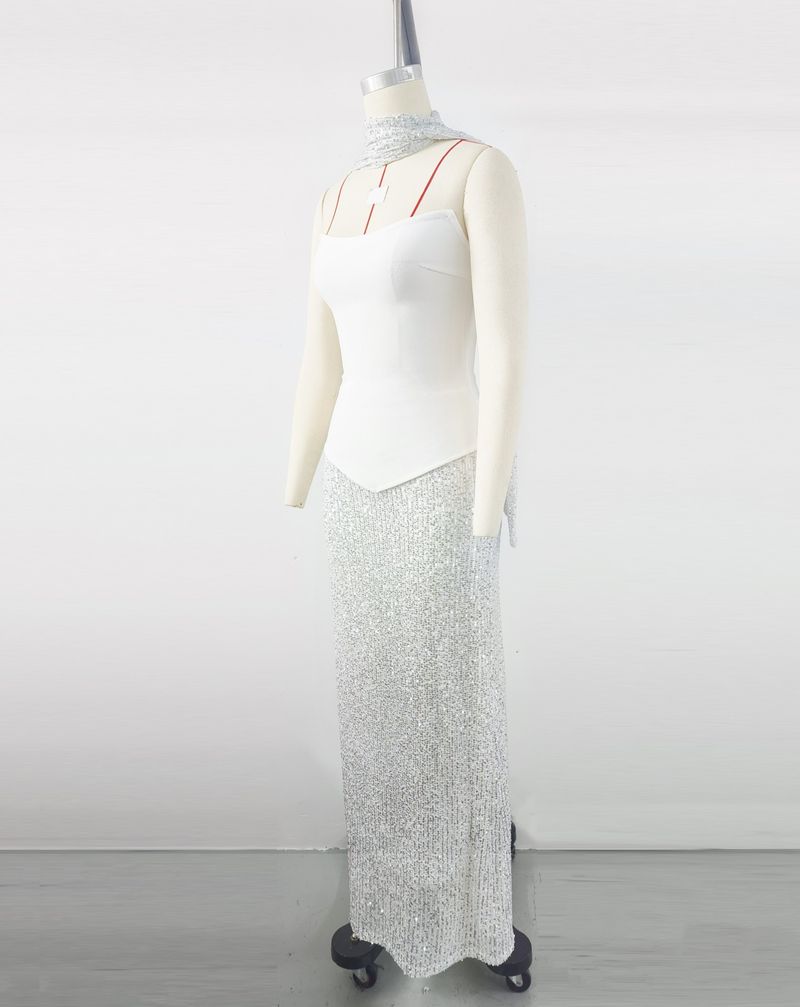 Ensemble élégant de robe portefeuille à paillettes - Jupe bandage taille haute pour femme, tenue de soirée glamour, options noir et blanc_voghion.com