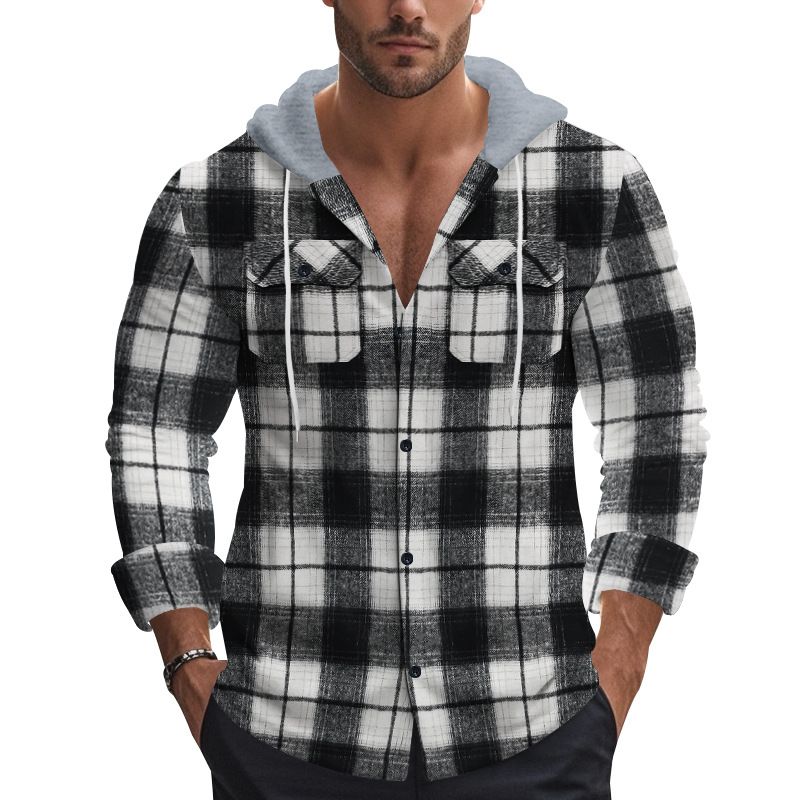 Camicia casual alla moda da uomo in stile americano, autunno inverno, con cappuccio, in flanella jacquard a quadri_voghion.com