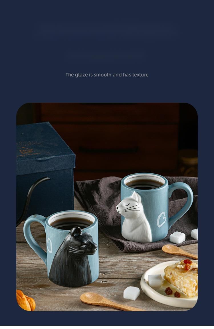 Kubek matowy na Walentynki z kotem, kreskówka 3D, prezent wodny, szczypta brzucha, zestaw dla pary, ceramiczny kubek_voghion.com