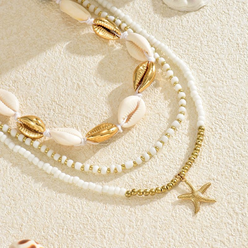 Chain Necklace Pendant Necklace Summer Ocean Beach Style Shell Set Bohemian White Rice Bead Necklace Collarbone Chain_voghion.com