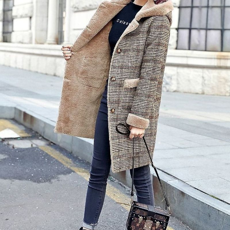 Damenbekleidung: Neue Winterkleidung für Damen, einteiliger, karierter Wollpelzmantel und dicker Samt, warm, mittellang, mit Kapuze_voghion.com