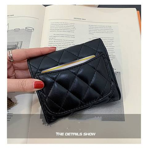 Classic Embroidery Chequered Camellia Small Fragrance Bag Texture Black Multi-layer Card Bag Banknote Purse_voghion.com