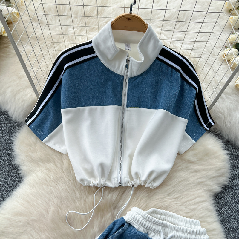 Damenbekleidung Modeanzug für Frauen Kordelzug Taille Kurze Kontrastfarbe Stehkragen Hohe Taille Denim Weite Beinhose_voghion.com