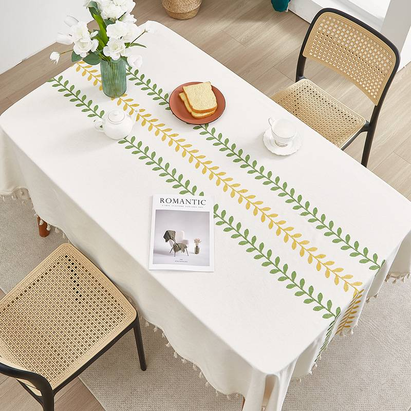 Nappe brodée moderne – Tissu polycoton à motif feuilles de saule – Imperméable et antidérapant pour tables à manger et tables basses (plusieurs tailles)_voghion.com