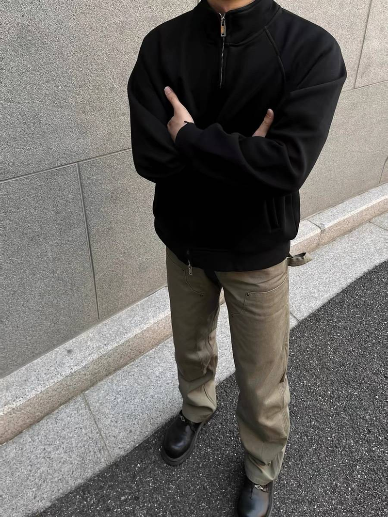 Men's Vintage Cleanfit Zip-Up Sweatshirt - Boxy Cropped Jacket With Stand Collar, Oversized Fit For Autumn & Winter_voghion.com