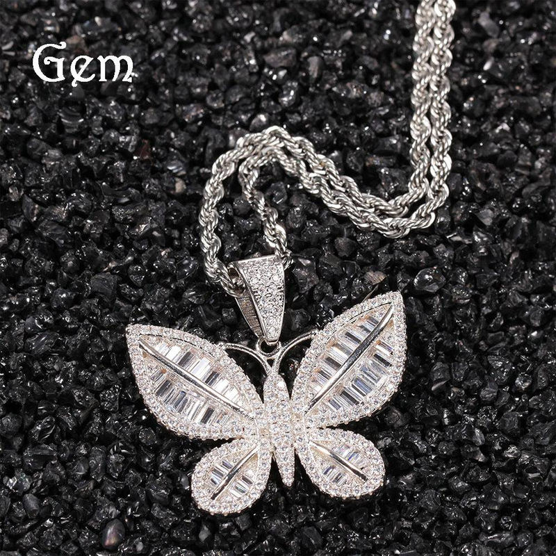 Gioielli da donna - Collana con ciondolo a farfalla in stile hip hop con zirconi cubici, opzioni di catena intrecciata e cubana da 18-24 pollici in argento, oro, rosa_voghion.com